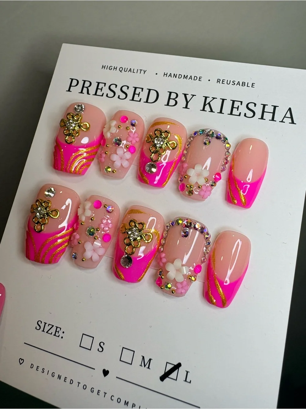 Handmade Pink Floral Gold Accent Pressed Nails